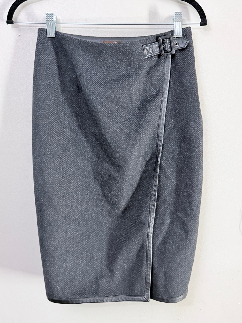 Danier Charcoal Italian Leather Trim Wrap Pencil Skirt 2